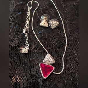 Swarovski Silver and Red Triangle Pendant Necklace and Earring Set.